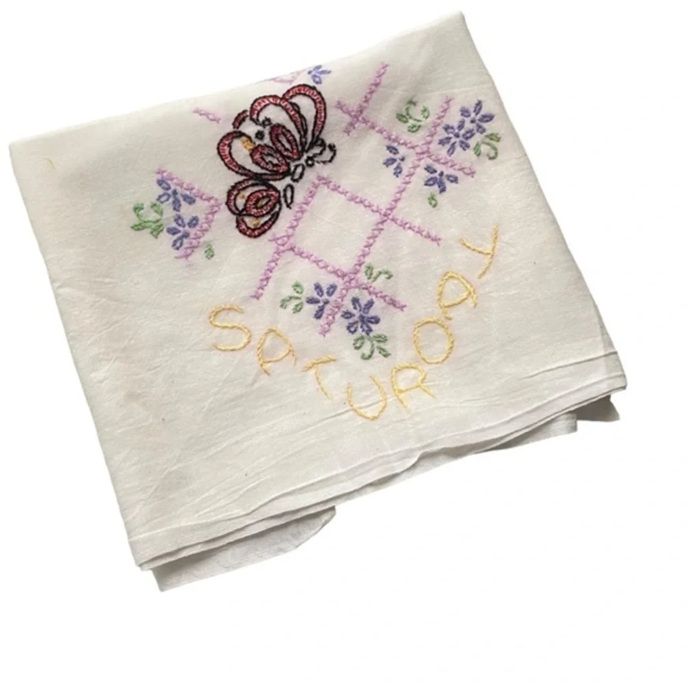 Vintage Flour Sack Embroidered Weekend Days Kitchen Towels Fri Sat Sun Butterfly